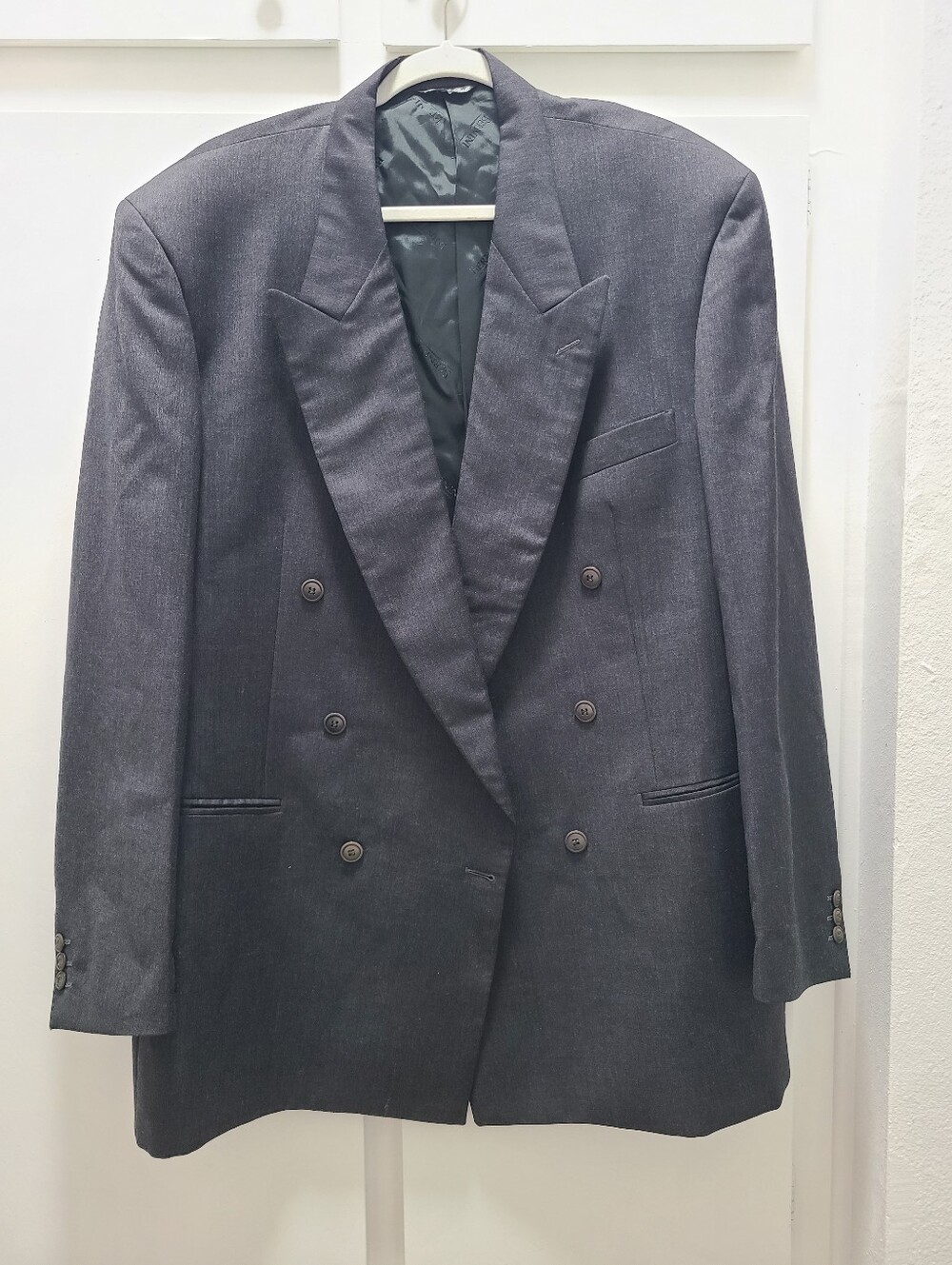 Vtg 80s Bernini Couture Double Breasted Blazer Charcoal Gray Men XL Italy Made
